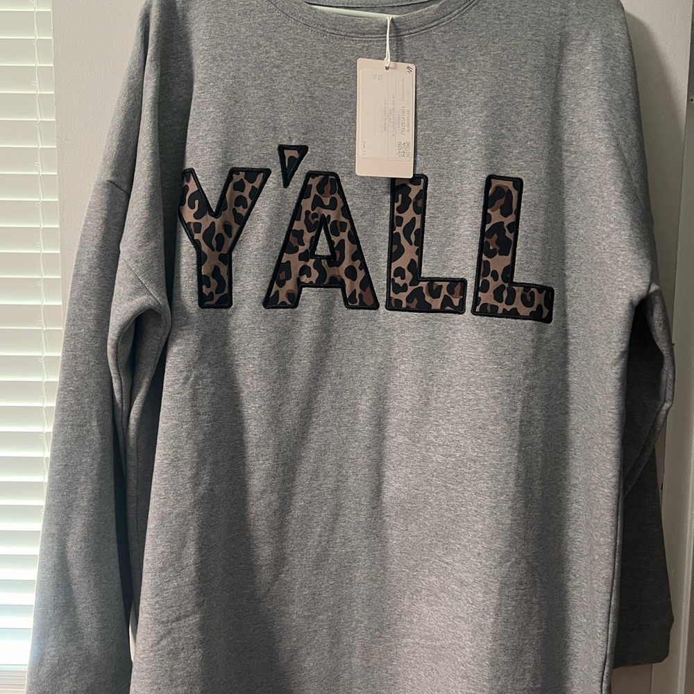 Grey 'Y'ALL' Leopard-Print Letter Sweatshirt